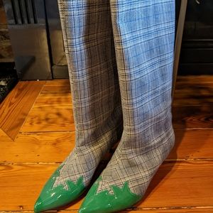 Tibi Green Patent and Plaid Knee High Kitten Heel Boots 40.5 10